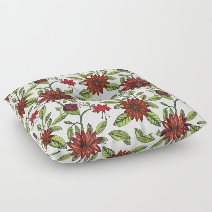 abstract red flowers and green leaves on white background graphic watercolor seamless pattern Floor Pillow
