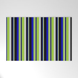 [ Thumbnail: Light Grey, Green, Blue & Black Colored Lined Pattern Welcome Mat ]