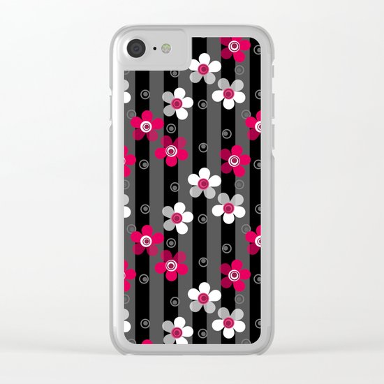 Crimson and white flowers on a black striped background Clear iPhone Case