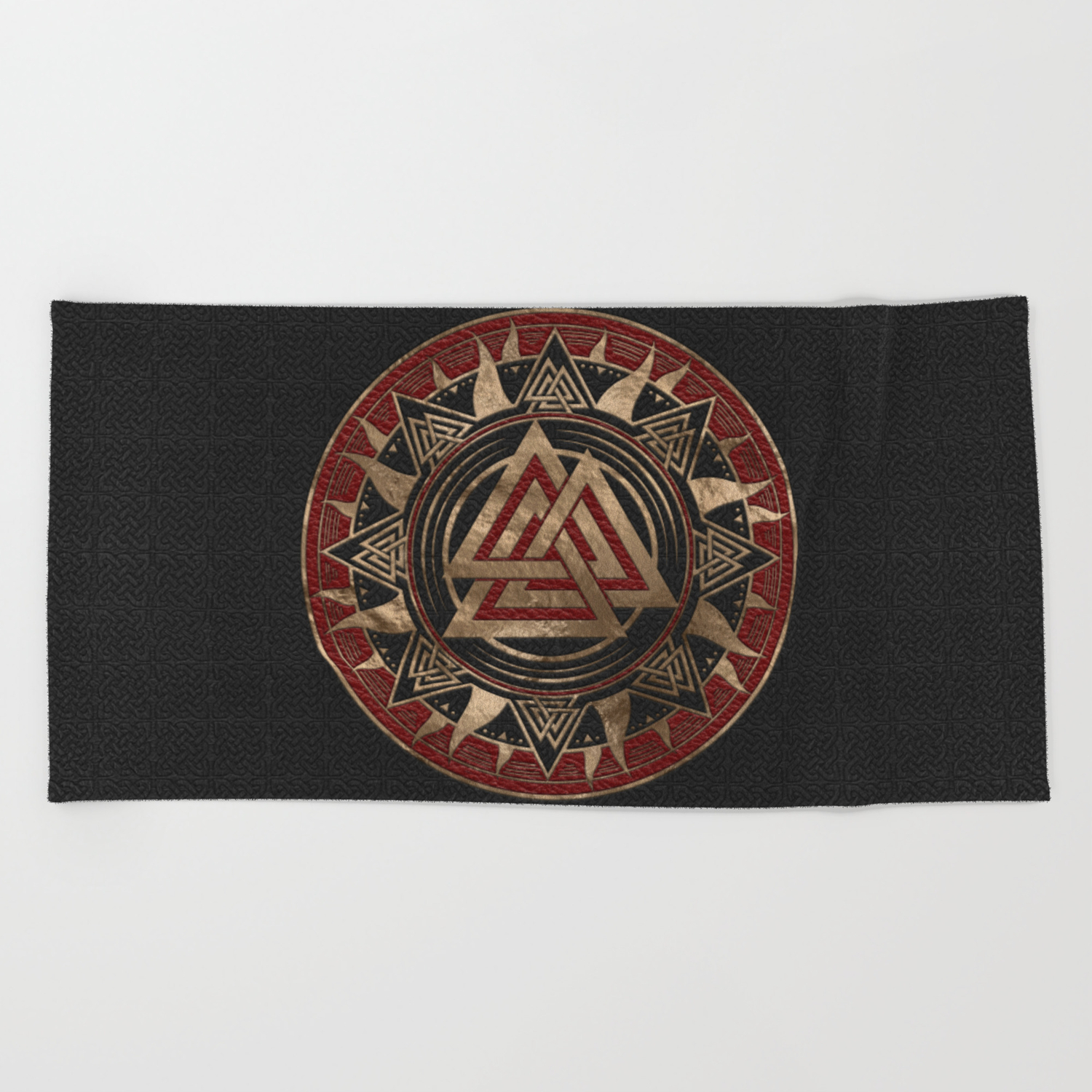 Valknut Symbol Black And Red Leather And Gold Beach Towel By