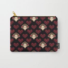 Beautiful faces of boho girl dolls, pretty red floral hearts feminine artistic elegant black pattern Carry-All Pouch
