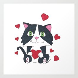 Tuxedo Cat with Hearts Hand Drawn Design Art Print