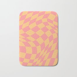 Trippy Checkerboard, Warped Checkered Pattern, Pink and Yellow Bath Mat