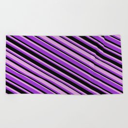[ Thumbnail: Dark Orchid, Black, and Plum Colored Stripes Pattern Beach Towel ]