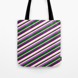 [ Thumbnail: Orchid, Dark Green, Purple, and Light Yellow Colored Stripes Pattern Tote Bag ]