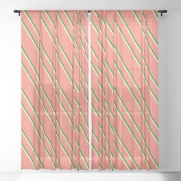 [ Thumbnail: Salmon, Forest Green & Tan Colored Stripes Pattern Sheer Curtain ]