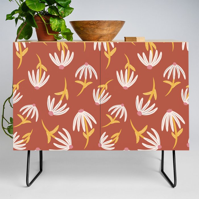 Modern Retro Loose Floral Pattern Venetian Red Credenza