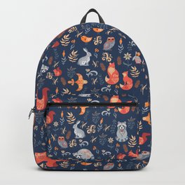 Fairy-tale forest. Fox, bear, raccoon, owls, rabbits, flowers and herbs on a blue background. Seamle Backpack