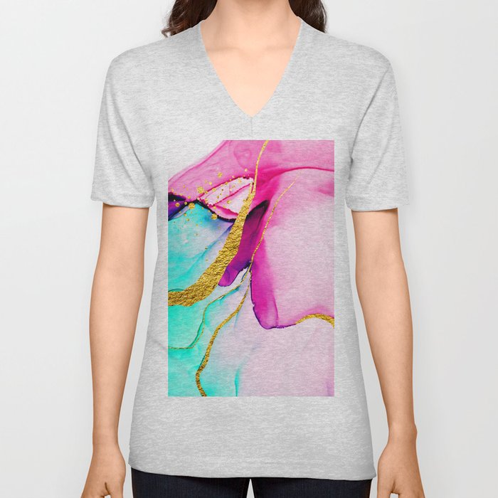 Transparent creativity. Abstract artwork. Trendy wallpaper. Ink colors are amazingly bright, luminous, translucent, free-flowing, and dry quickly. Natural pattern, luxury. V Neck T Shirt