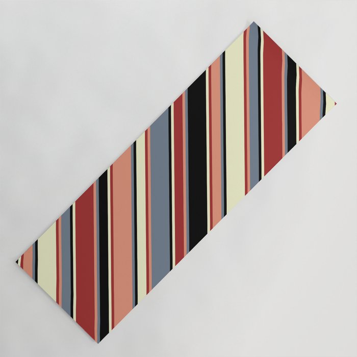 Vibrant Dark Salmon, Slate Gray, Black, Light Yellow, and Brown Colored Lines/Stripes Pattern Yoga Mat