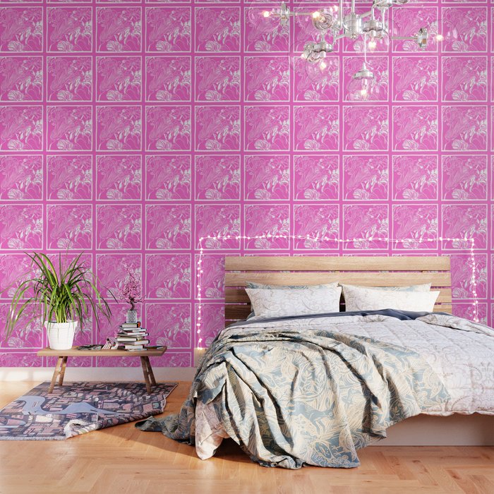 Magenta & White Floral Vignette Wallpaper