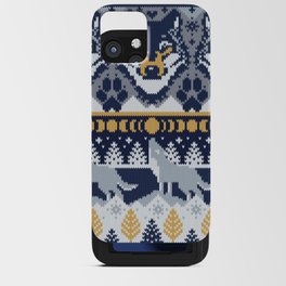 Fair isle knitting grey wolf // navy blue and grey wolves yellow moons and pine trees iPhone Card Case