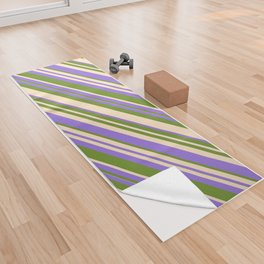 [ Thumbnail: Purple, Green, and Bisque Colored Lined Pattern Yoga Towel ]