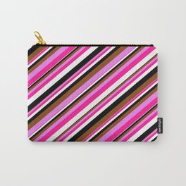 [ Thumbnail: Vibrant Brown, Violet, Deep Pink, White, and Black Colored Striped Pattern Carry-All Pouch ]