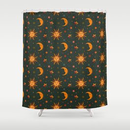 Folk Moon and Star Print in Teal Shower Curtain