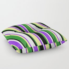 [ Thumbnail: Purple, Tan, Forest Green, Black, and White Colored Lined/Striped Pattern Floor Pillow ]