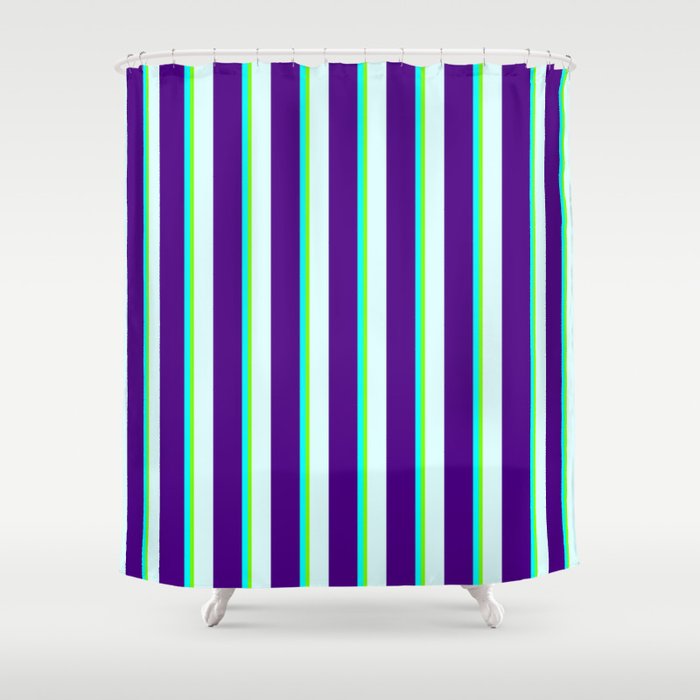 Light Cyan, Indigo, Aqua, and Green Colored Lined/Striped Pattern Shower Curtain