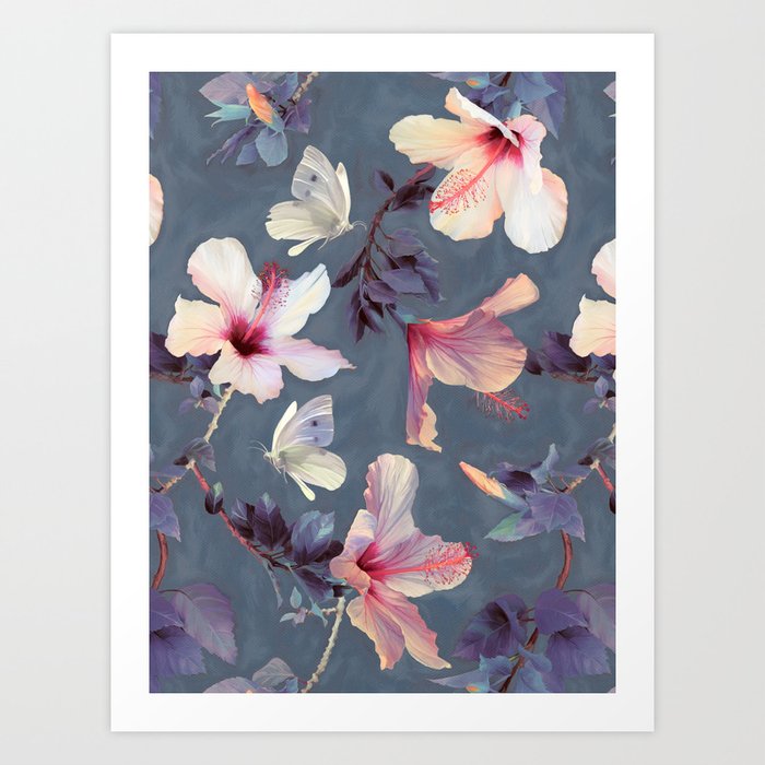 Butterflies and Hibiscus Flowers - a painted pattern Art Print