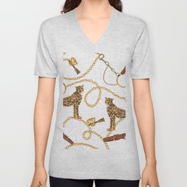 Seamless pattern with belts, chain and braid, leopard. Isolated on white background. Exotic jungle wallpaper.  V Neck T Shirt