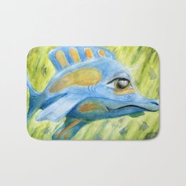 Blue fish Bath Mat | Green, Blue, Cartoon, Sadsmile, Fish, Drawing, Ocean, Watercolor 