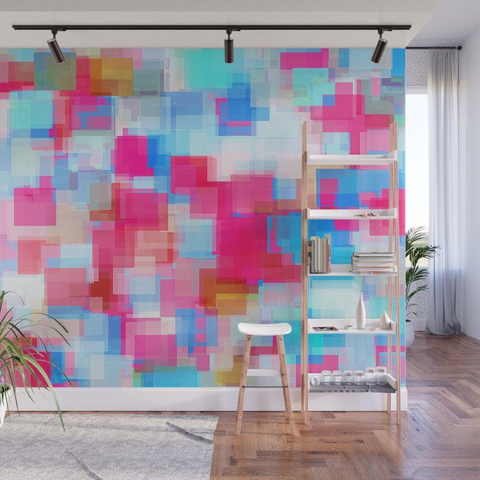 Geometric Square Pattern Abstract Background In Pink And Blue Wall