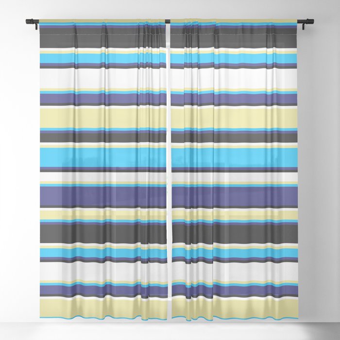 Tan, Deep Sky Blue, Midnight Blue, Black & White Colored Lines Pattern Sheer Curtain