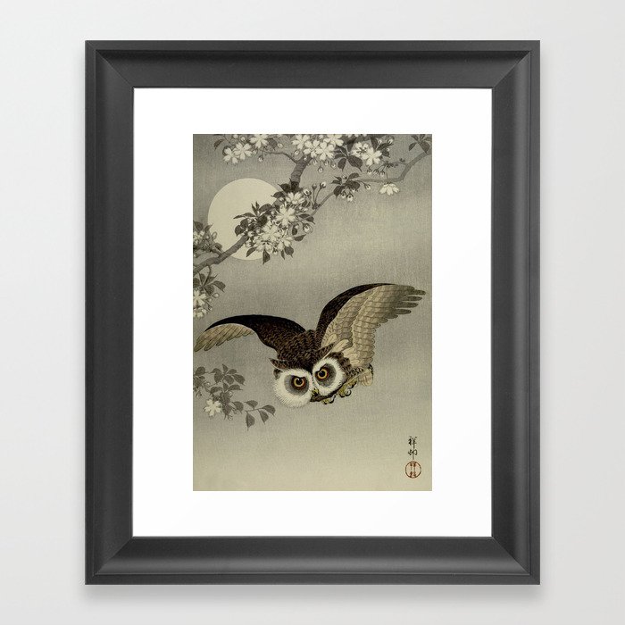 Japanese Owl and Moon Framed Art Print