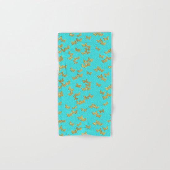 Gold glitter butterflies on aqua - Animal Insect Gold Glitter effect on #Society6 Hand & Bath Towel