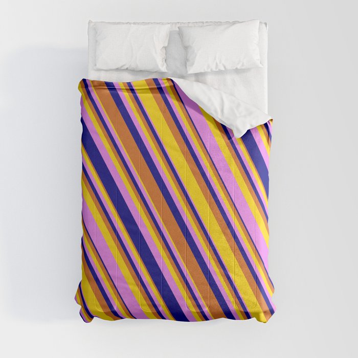 Chocolate, Yellow, Violet, and Blue Colored Lined/Striped Pattern Comforter