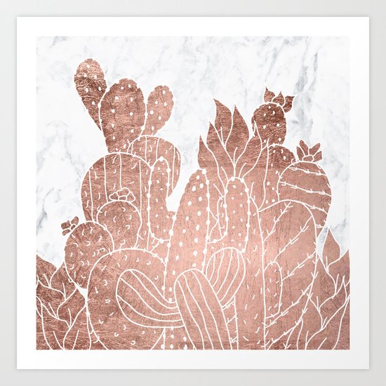 Modern faux rose gold cactus hand drawn pattern illustration white marble Art Print
