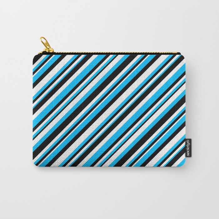 Deep Sky Blue, Black, and White Colored Lined Pattern Carry-All Pouch
