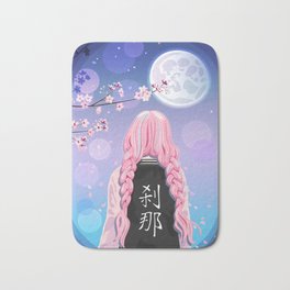 Cherry Blossom Girl Setsuna : Japanese Lo-Fi Vaporwave Bath Mat | Anime, Lo Fi, Sakura, Vaporwave, Graphicdesign, Hair, Braids, Pink, Vector, Blue 