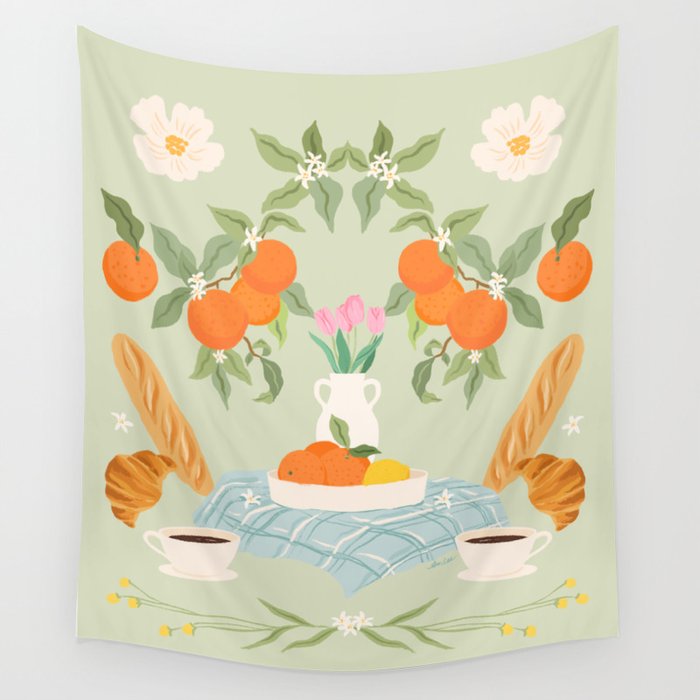 Breakfast and Flowers olive Wall Tapestry