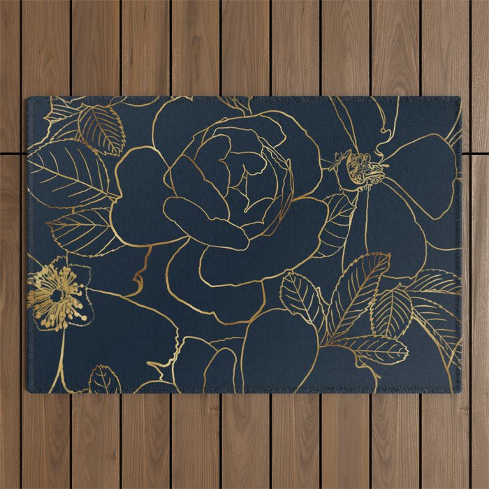 Elegant Blue Gold Roses Floral Outdoor Rug