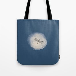 Sketched Dragonfly and Watercolor Brush Stroke on Pastel Navy Blue Tote Bag