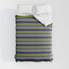 [ Thumbnail: Midnight Blue, Grey & Green Colored Lines/Stripes Pattern Comforter ]