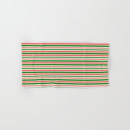 [ Thumbnail: Christmas-Themed Green, White, and Red Colored Stripes Pattern Hand & Bath Towel ]