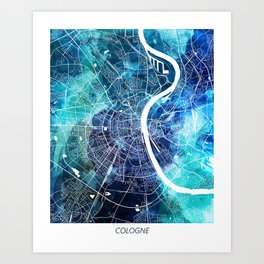 Cologne Street Map Navy Blue Turquoise Watercolor Germany Europe Map Art Print