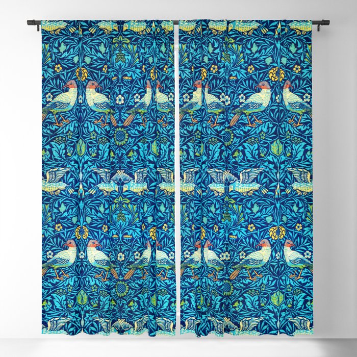 Vintage William Morris Birds Blue Floral Blackout Curtain