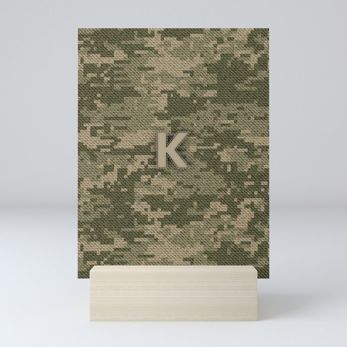 Personalized K Letter on Green Military Camouflage Army Design, Veterans Day Gift / Valentine Gift / Military Anniversary Gift / Army Birthday Gift  Mini Art Print