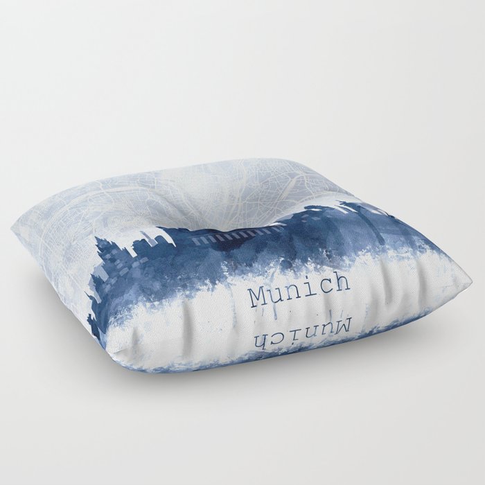 Munich Skyline & Map Watercolor Navy Blue, Print by Zouzounio Art Floor Pillow