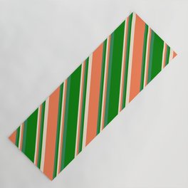 [ Thumbnail: Beige, Coral, Sea Green, and Green Colored Pattern of Stripes Yoga Mat ]