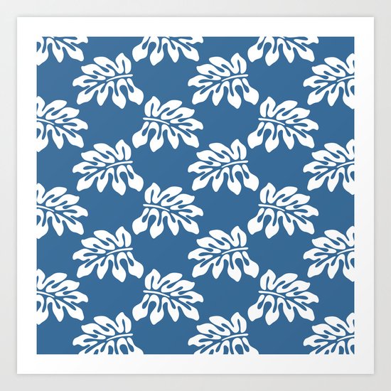 Blue White Tropical Leaf Pattern Art Print