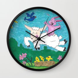Rabbit Riding a Jumping Lamb Over a Nest of Baby Birds, Lullaby Wall Clock