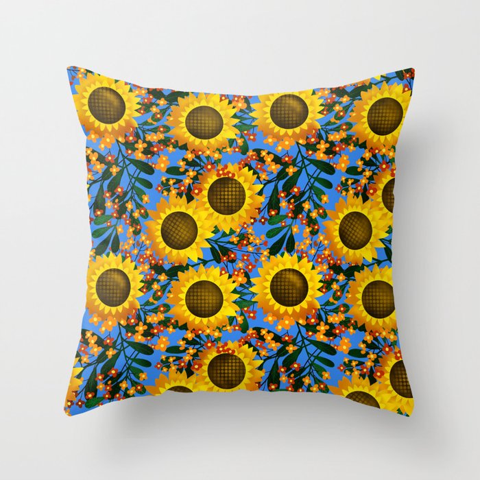 Summer yellow sunflowers on a bright blue background Seamless pattern 1 Throw Pillow