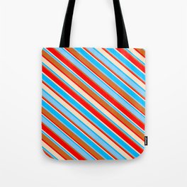 [ Thumbnail: Vibrant Deep Sky Blue, Light Sky Blue, Chocolate, Red & Bisque Colored Striped/Lined Pattern Tote Bag ]