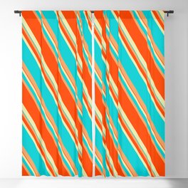 [ Thumbnail: Pale Goldenrod, Dark Turquoise, Brown, and Red Colored Lines/Stripes Pattern Blackout Curtain ]