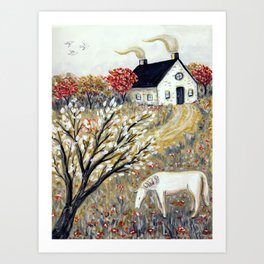 Horse by the Cottage Art Print