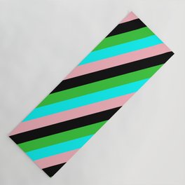 [ Thumbnail: Lime Green, Cyan, Light Pink & Black Colored Striped Pattern Yoga Mat ]