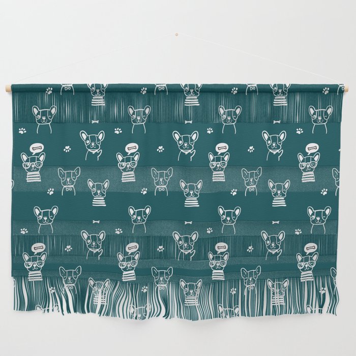 Teal Blue and White Hand Drawn Dog Puppy Pattern Wall Hanging